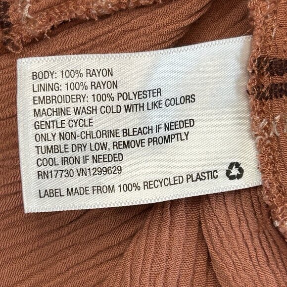 KNOX ROSE Terracotta Cream Mini Dress L Boho Crinkle Rayon Tunic Short Sleeve - Picture 7 of 10